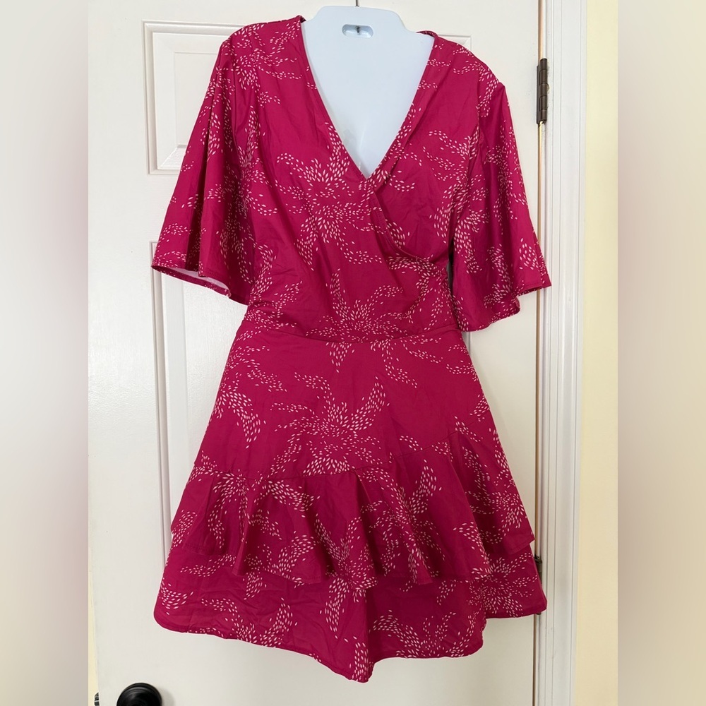 Pink Wrap Style Ruffle romper XXL Flowy Sleeve, Tie Back, 36” Length